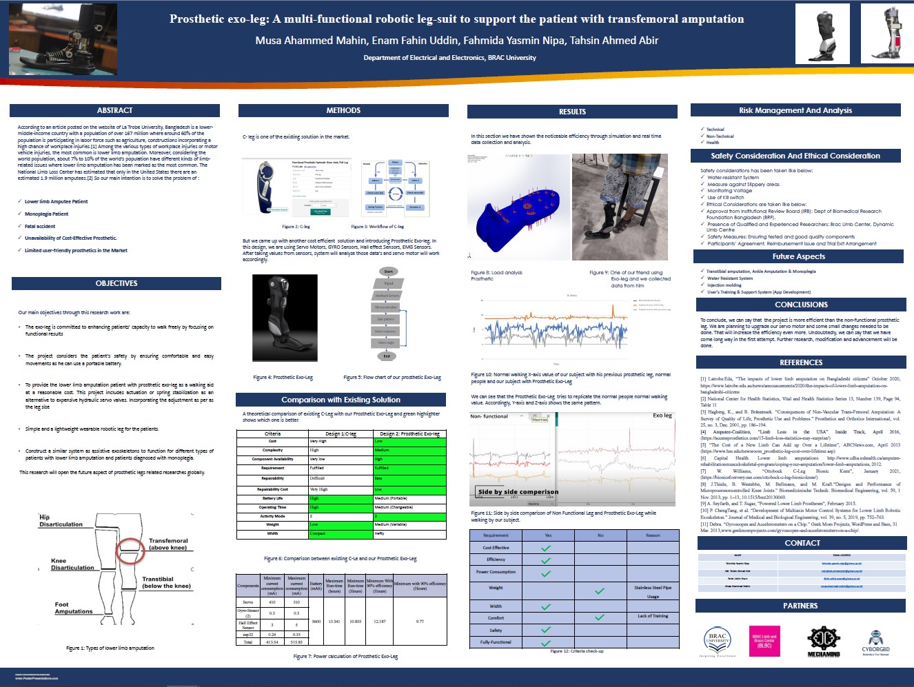 Research poster presenting the Prosthetic Exo-Leg project